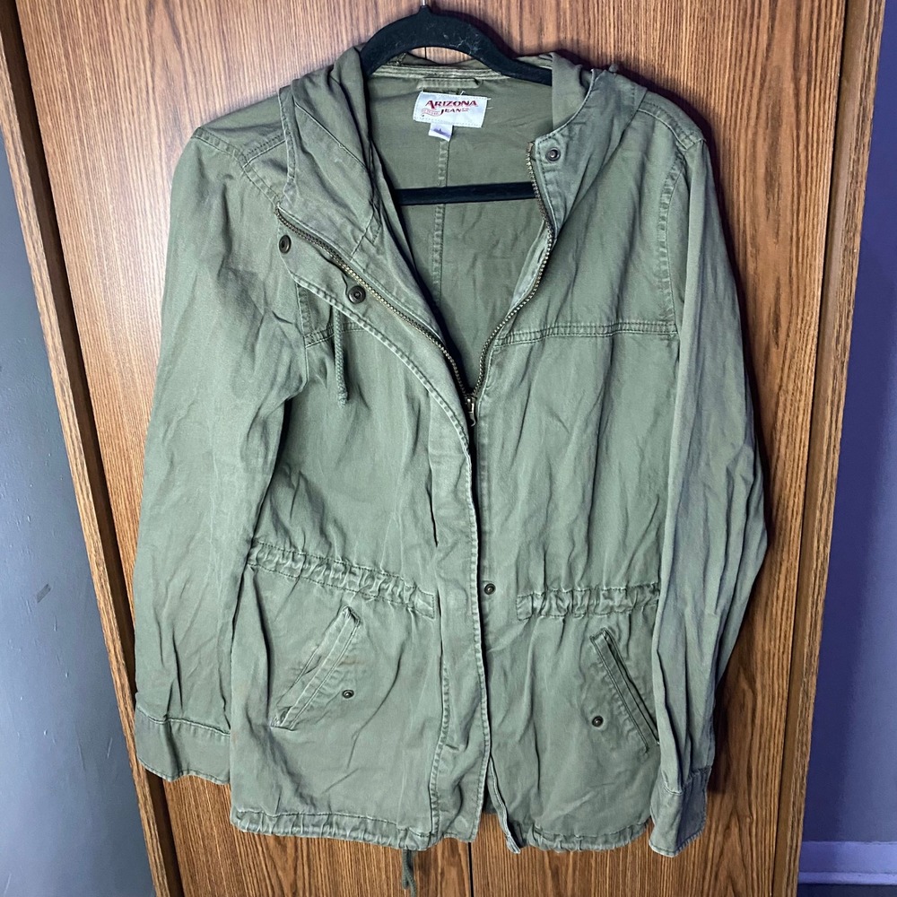 Arizona Jean Co Utility Anorak Jacket Womens Large Olive Green Hooded Field Coat